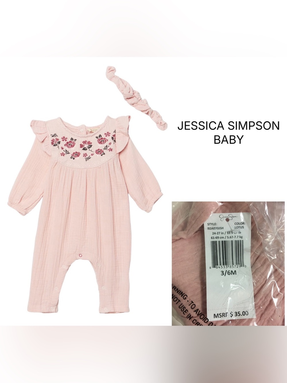 JESSICA SIMPSON BABY - 3/6M - NWT - 2PC PINK FLORAL JUMPSUIT AND HEADBAND